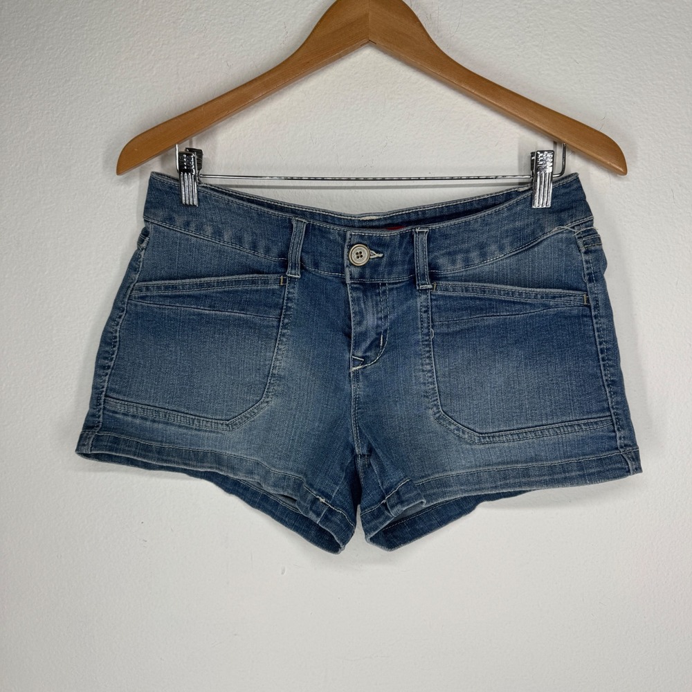 Unionbay Y2K Low Rise Denim Micro Mini Shorts Medium Wash Blue Utility 7 Stretch